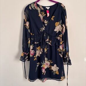 Xhilaration Boho Dress Women’s Size XS Navy Floral Babydoll Ruches Sheer Sleeves